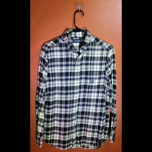 Mens Button Down Cotton Collar Flannel Shirt Long Sleeve Blue/Gray - Chaps